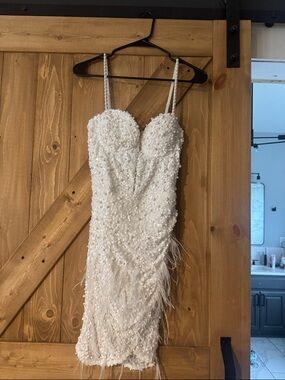 Fashion Nova White Beaded Mini Dress with Feather Trim